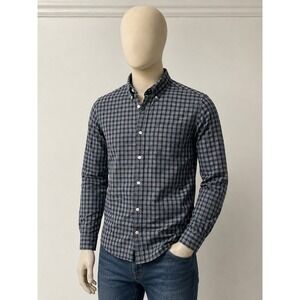 St Johns Bay Mens Small Navy Gingham Plaid Button Down Shirt Classic Fit Stretch